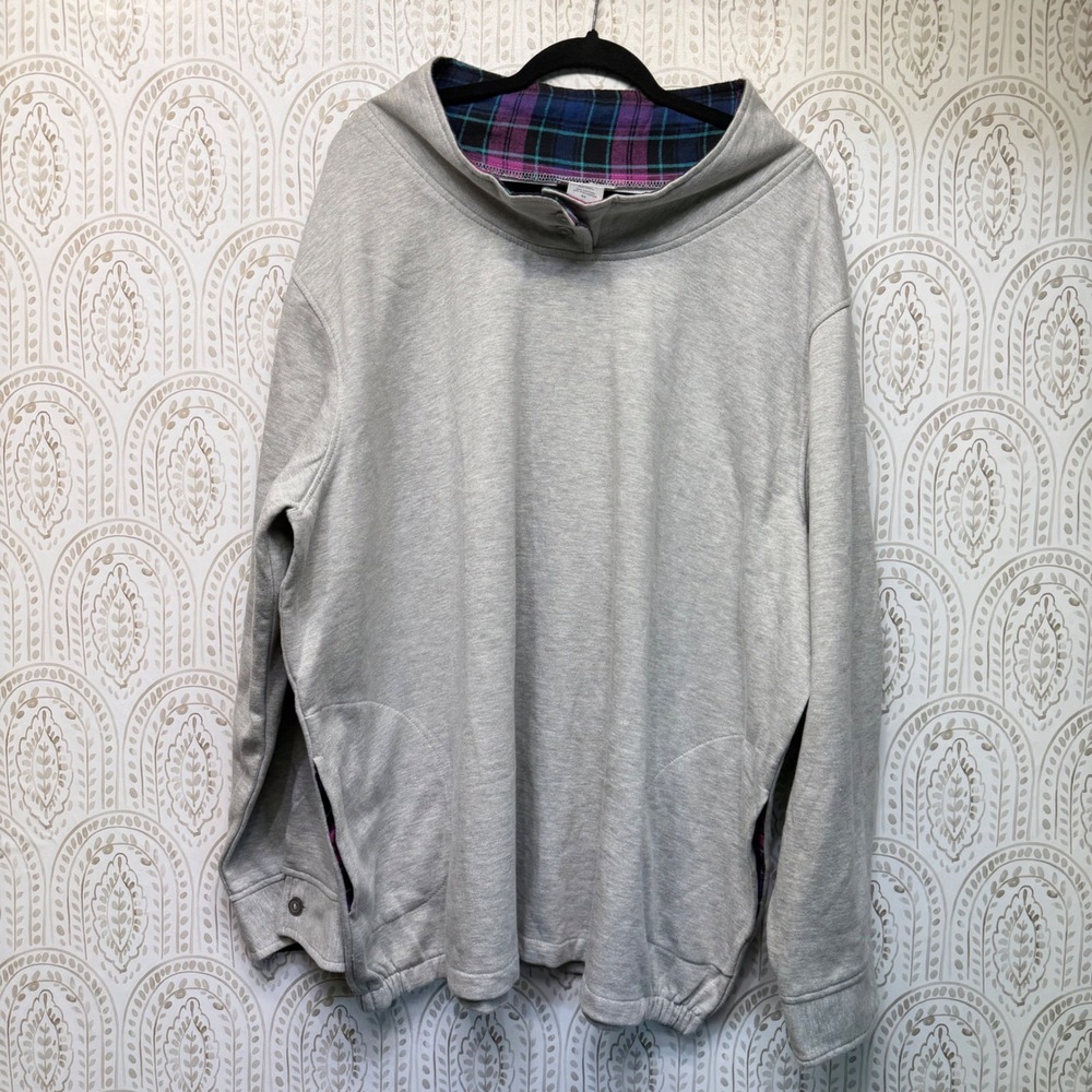 CW Classics Sweatshirt Women 4X Grey Plaid Lined Funnel Neck Pullover Pocketed